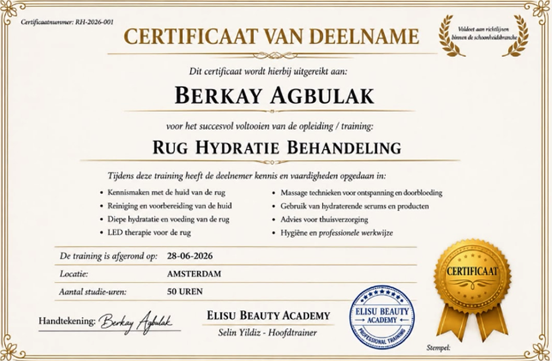 Certificaat Rug Hydratie Behandeling van Berkay Agbulak