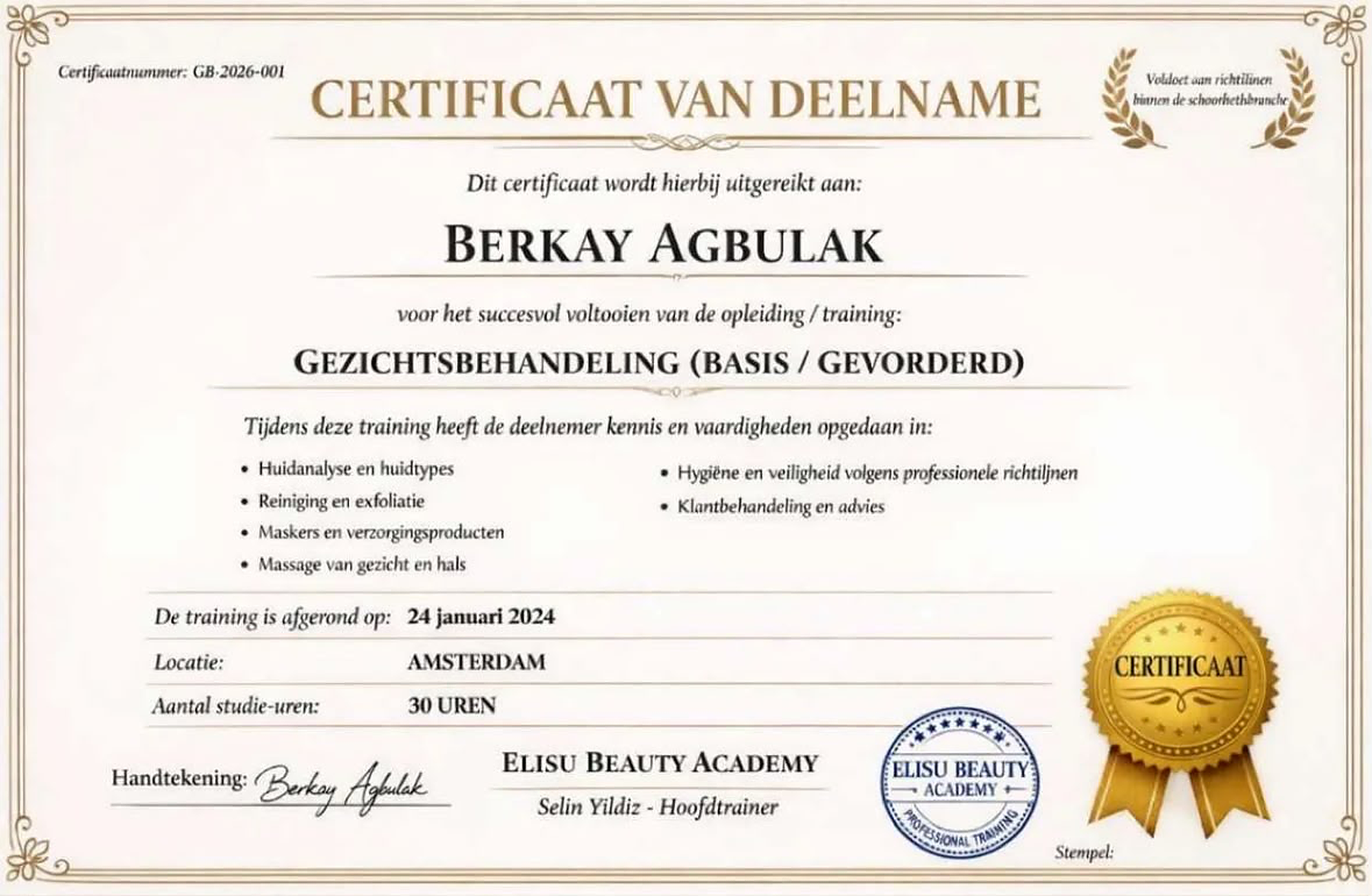 Certificaat Gezichtsbehandeling (Basis / Gevorderd) van Berkay Agbulak